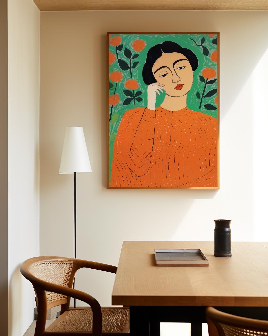 Vrouw met oranje trui en bloemenachtergrond Poster – staande poster voor modern interieur