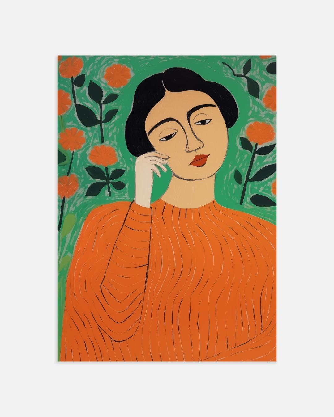 Vrouw met oranje trui en bloemenachtergrond Poster – portret wanddecoratie van WallArtistic
