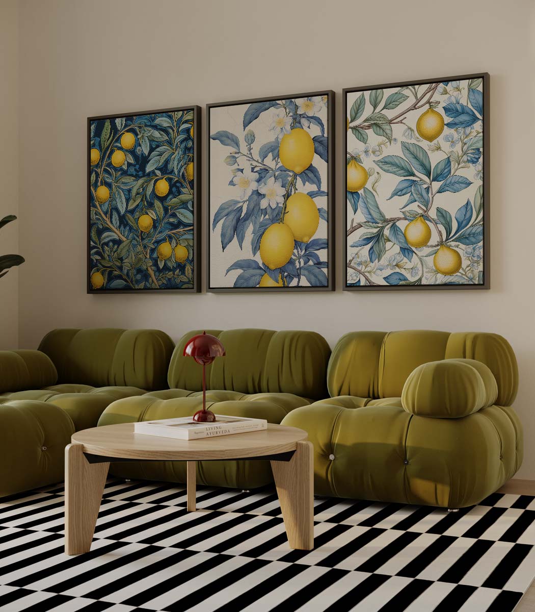 Botanische citroenillustraties in blauw en geel – drieluik als wanddecoratie