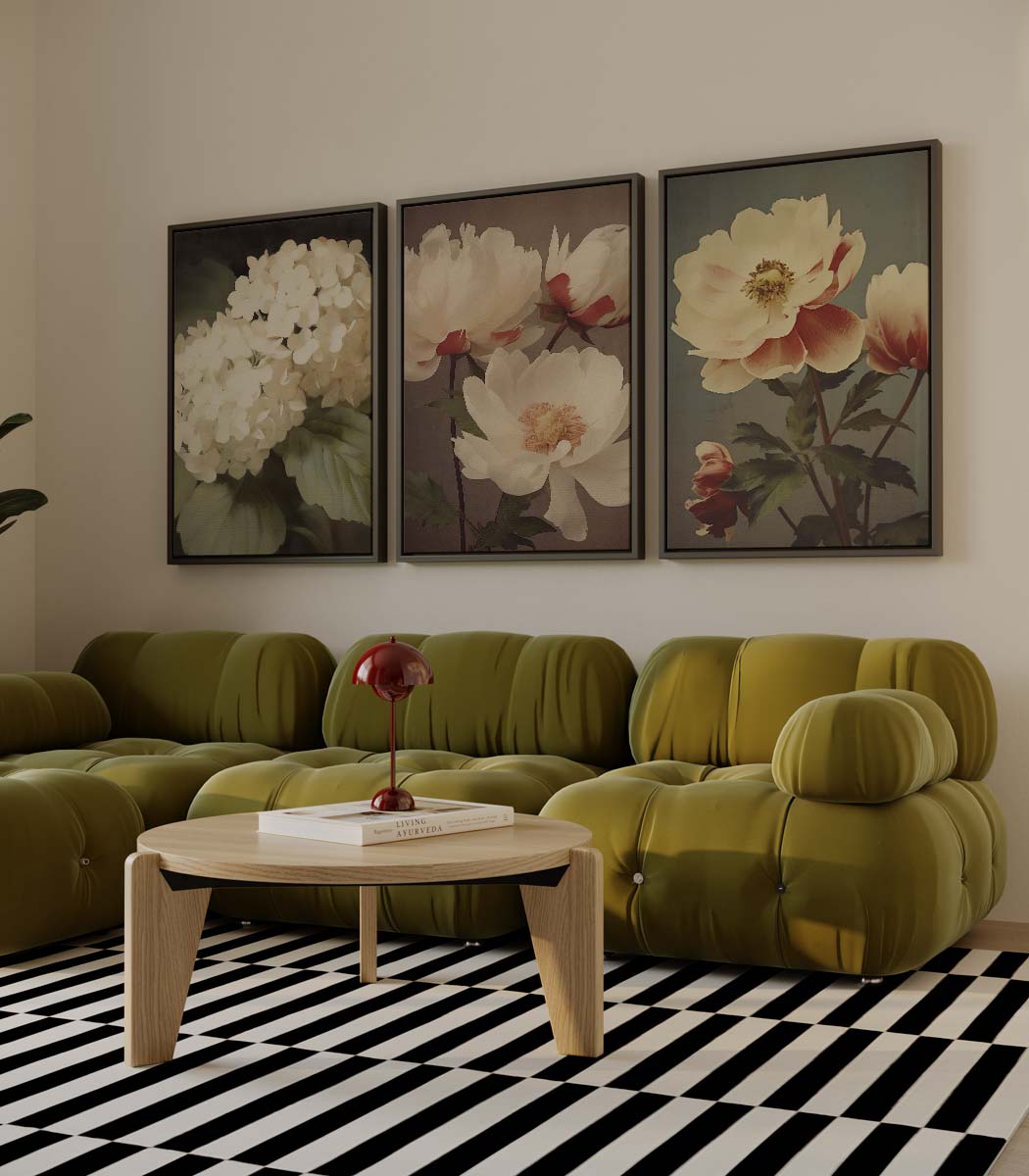 Botanische bloemportretten – drieluik voor modern interieur
