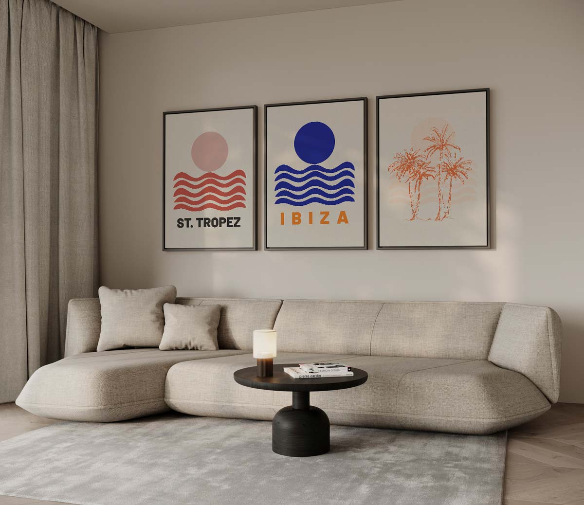 Grafische kustplaatsen in modern design – canvas drieluik in portret formaat