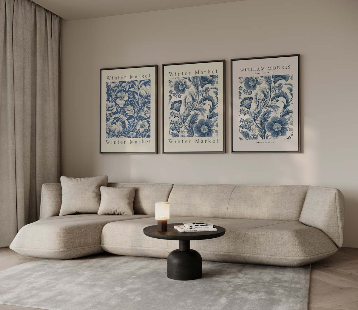 Blauwe botanische print – drieluik voor modern interieur