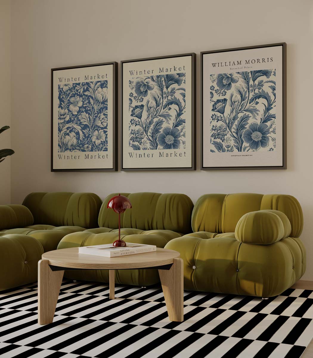 Blauwe botanische print – drieluik als wanddecoratie