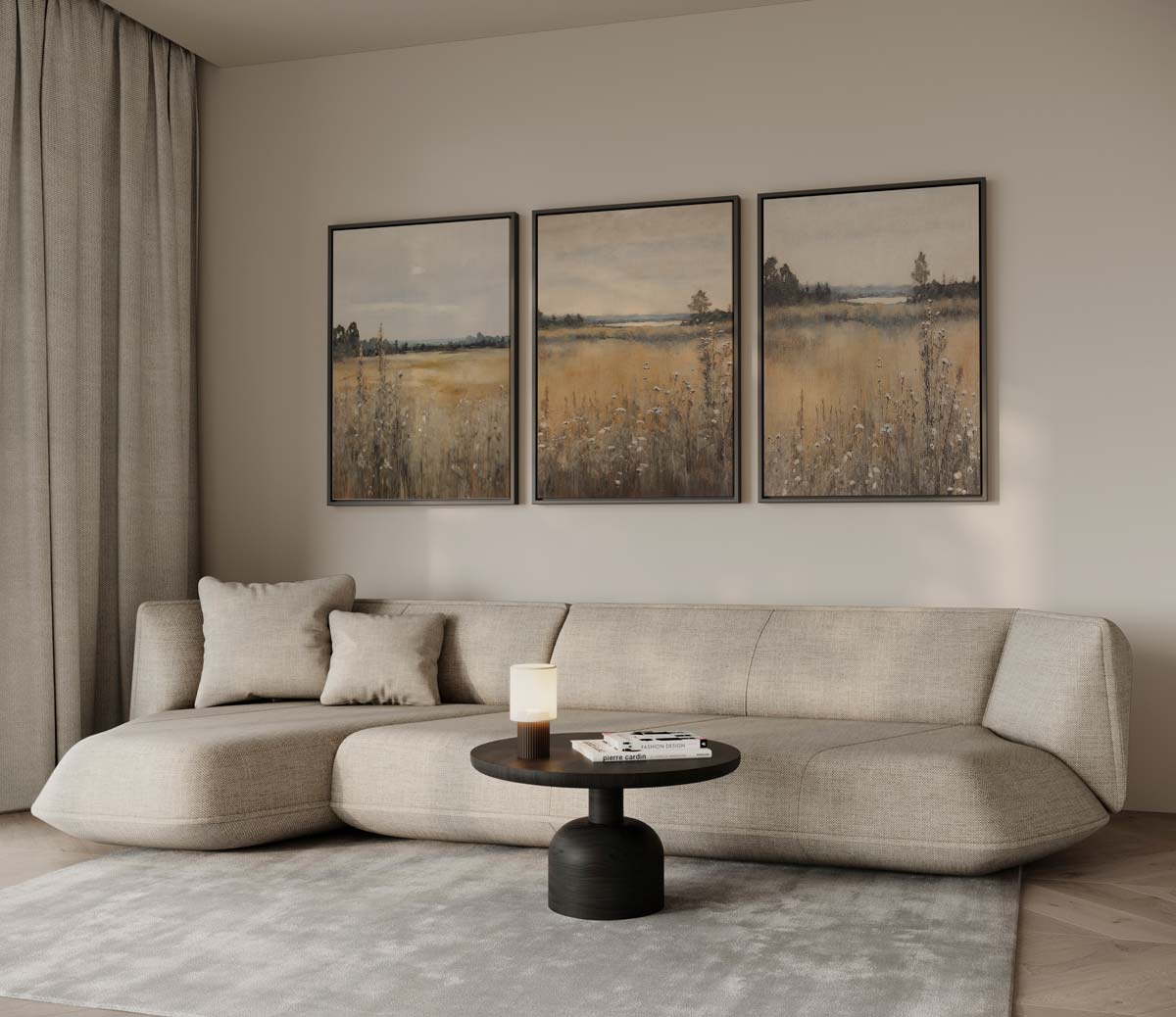 Gele grasvelden in de avondzon – drieluik voor modern interieur