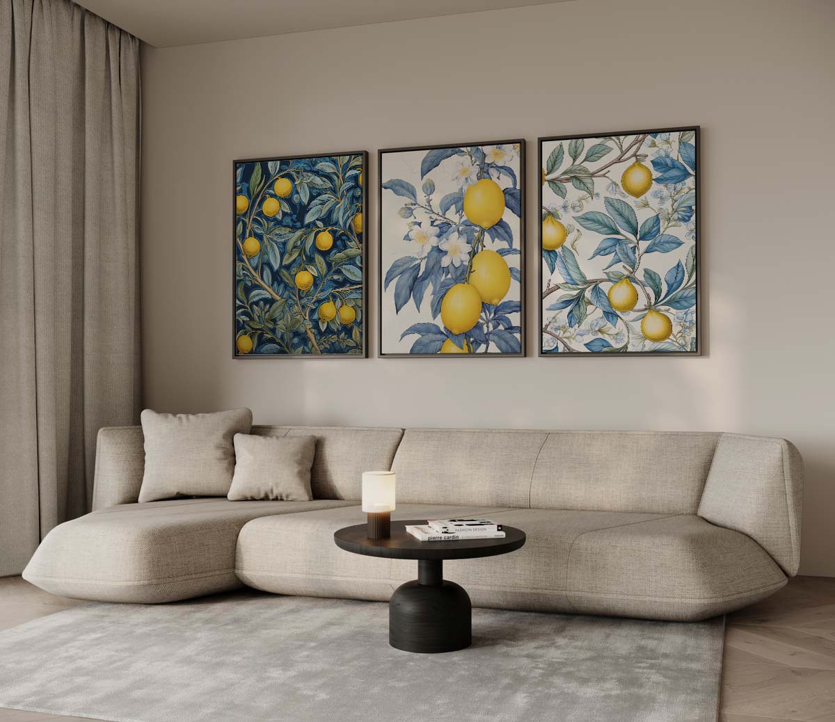Botanische citroenillustraties in blauw en geel – drieluik voor modern interieur