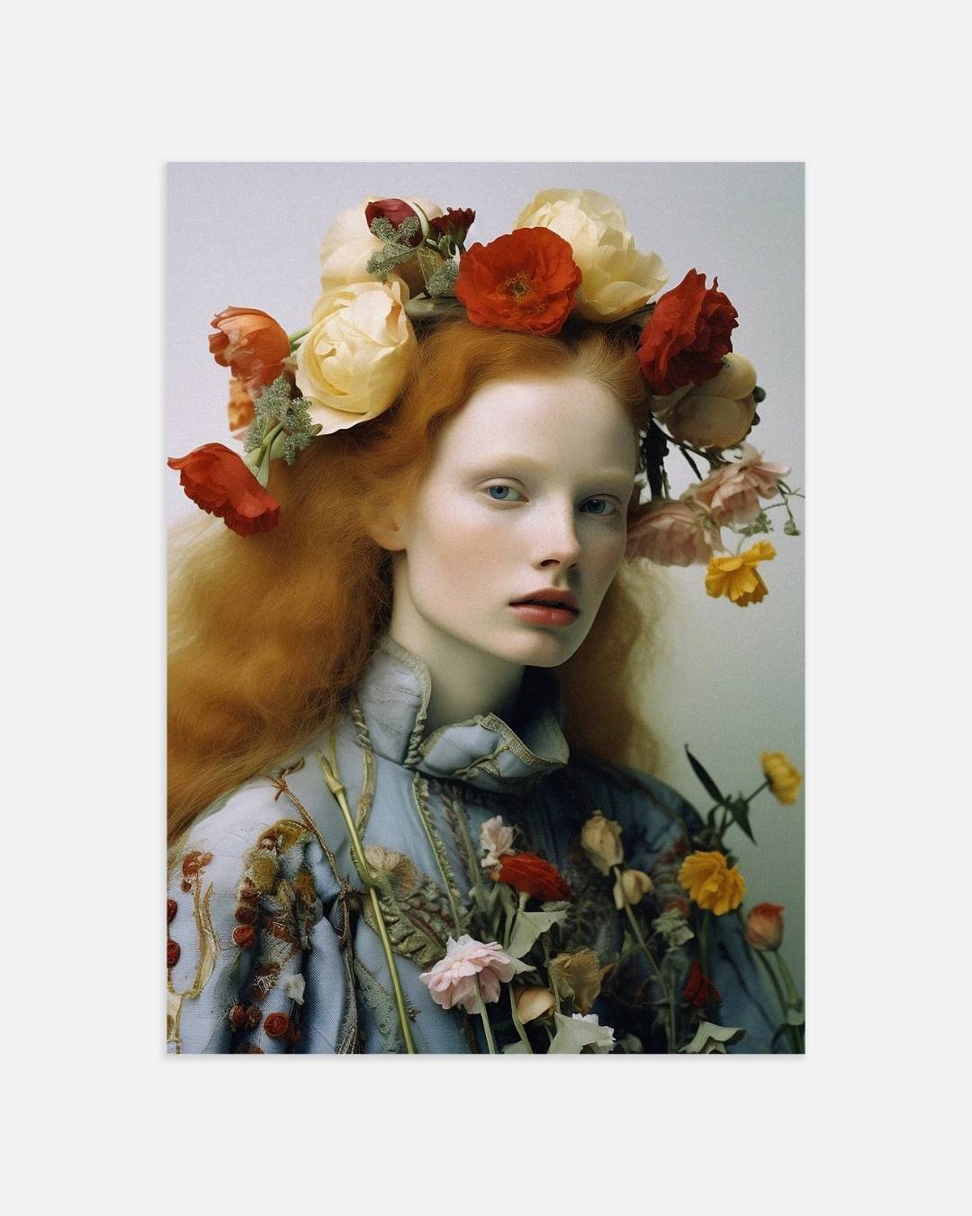 Dromerig portret met bloemen Poster – portret wanddecoratie van WallArtistic