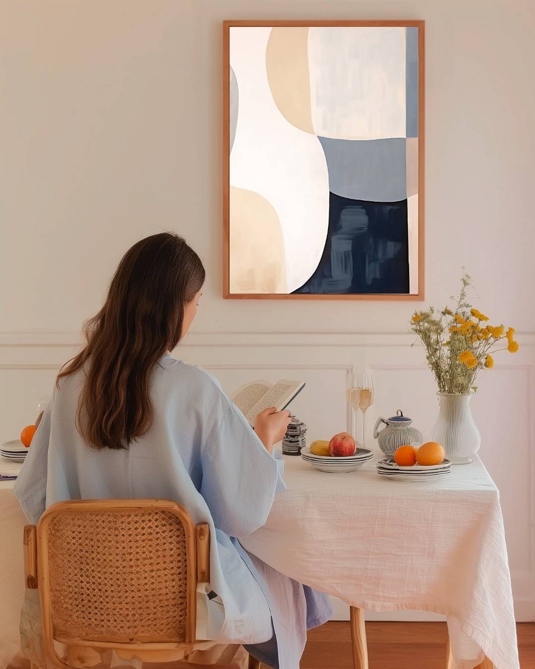 Abstracte lijnen en vlakken in blauw en beige Poster – staande poster voor modern interieur