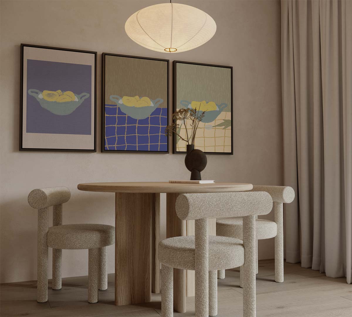 Citroenen in abstract servies – canvas drieluik in portret formaat