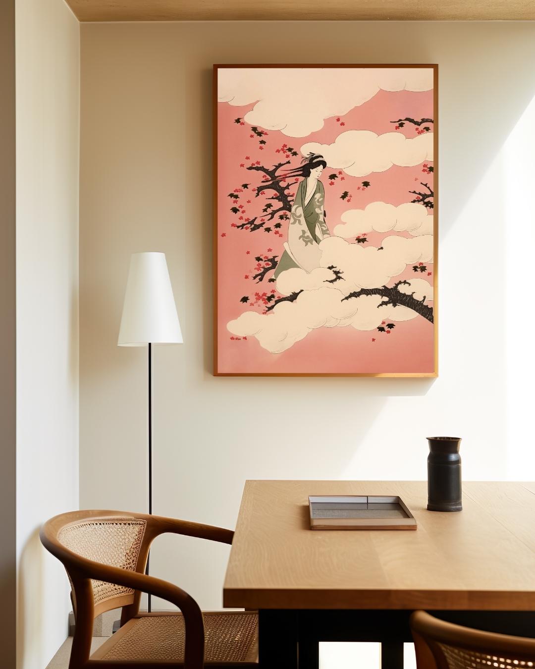 Japanse dame in de wolken Poster – staande poster voor modern interieur