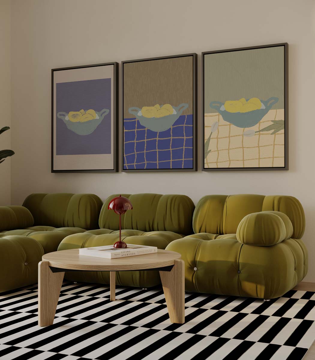 Citroenen in abstract servies – drieluik als wanddecoratie