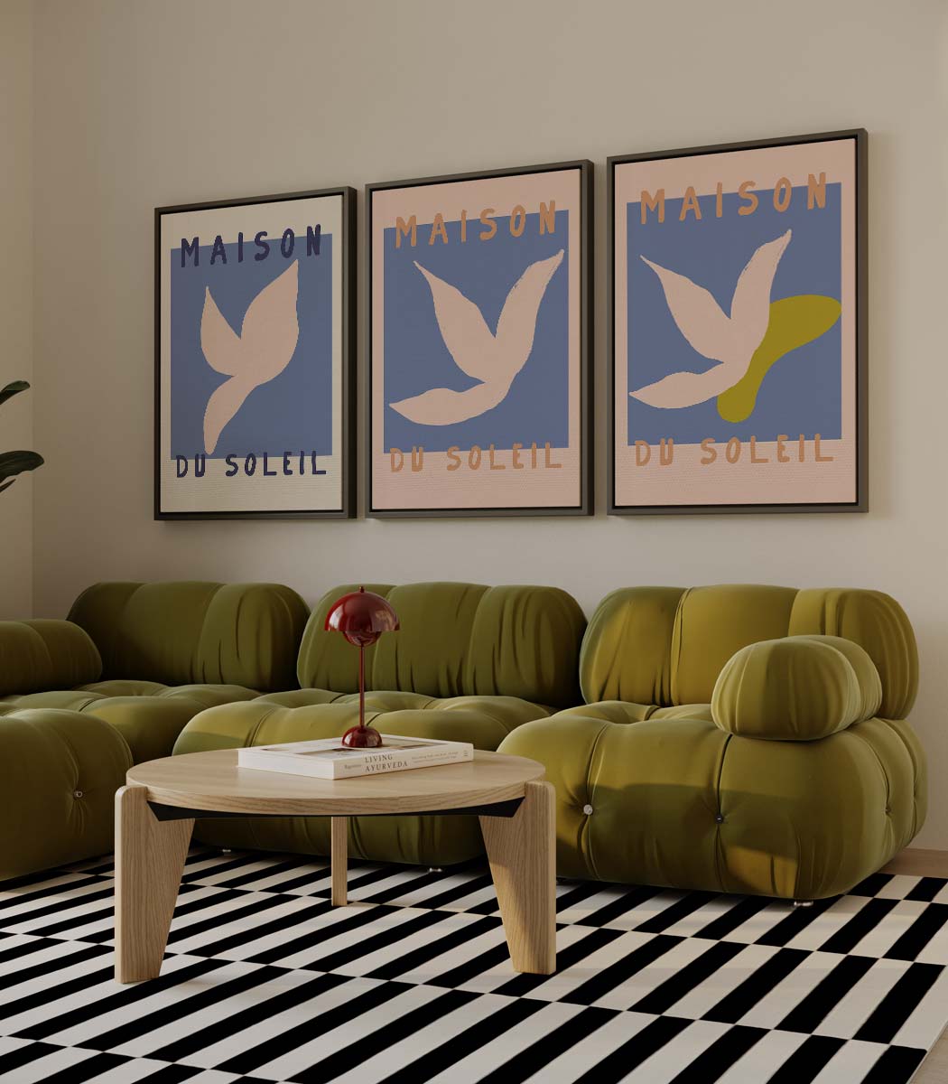 Zomerse duiven in retrostijl – drieluik als wanddecoratie