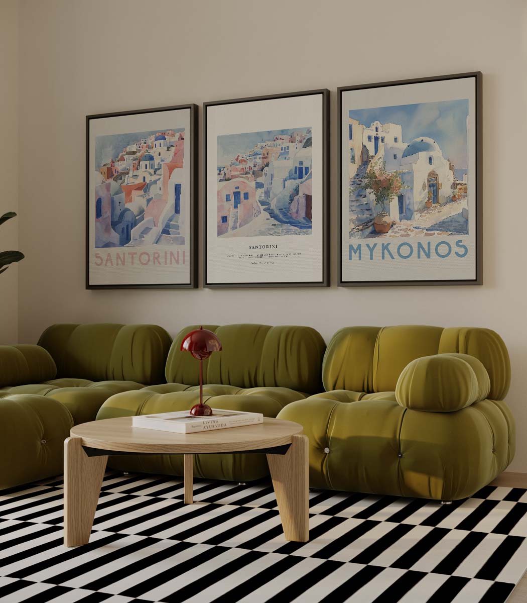 Mediterrane dorpen in aquarelstijl – drieluik voor modern interieur