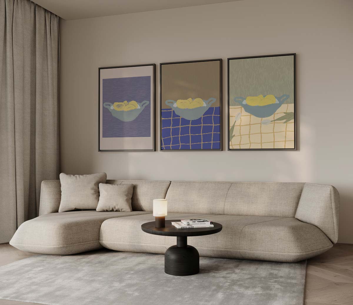 Citroenen in abstract servies – drieluik voor modern interieur