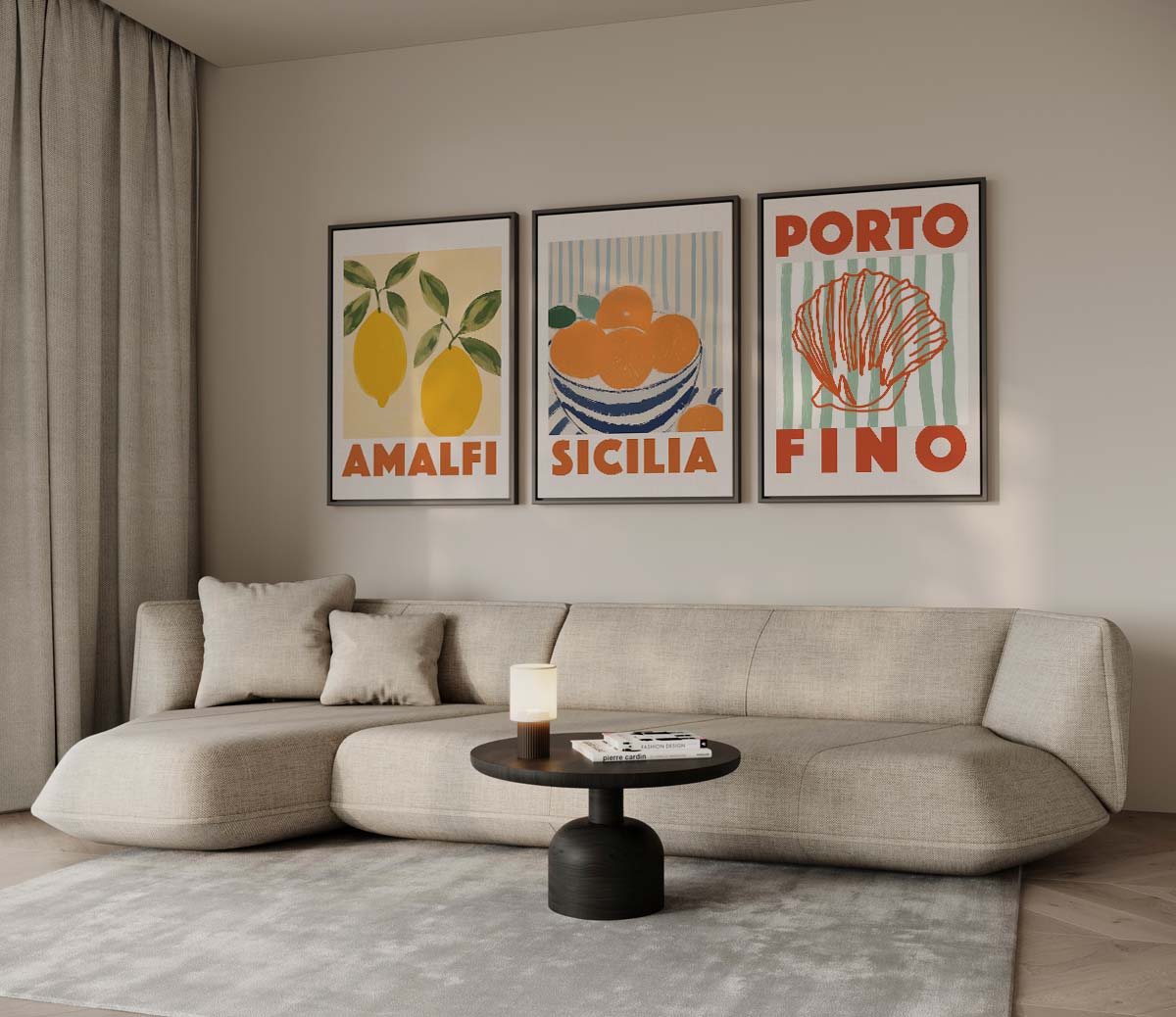Italiaanse kustplaatsen met citrusaccenten – drieluik voor modern interieur