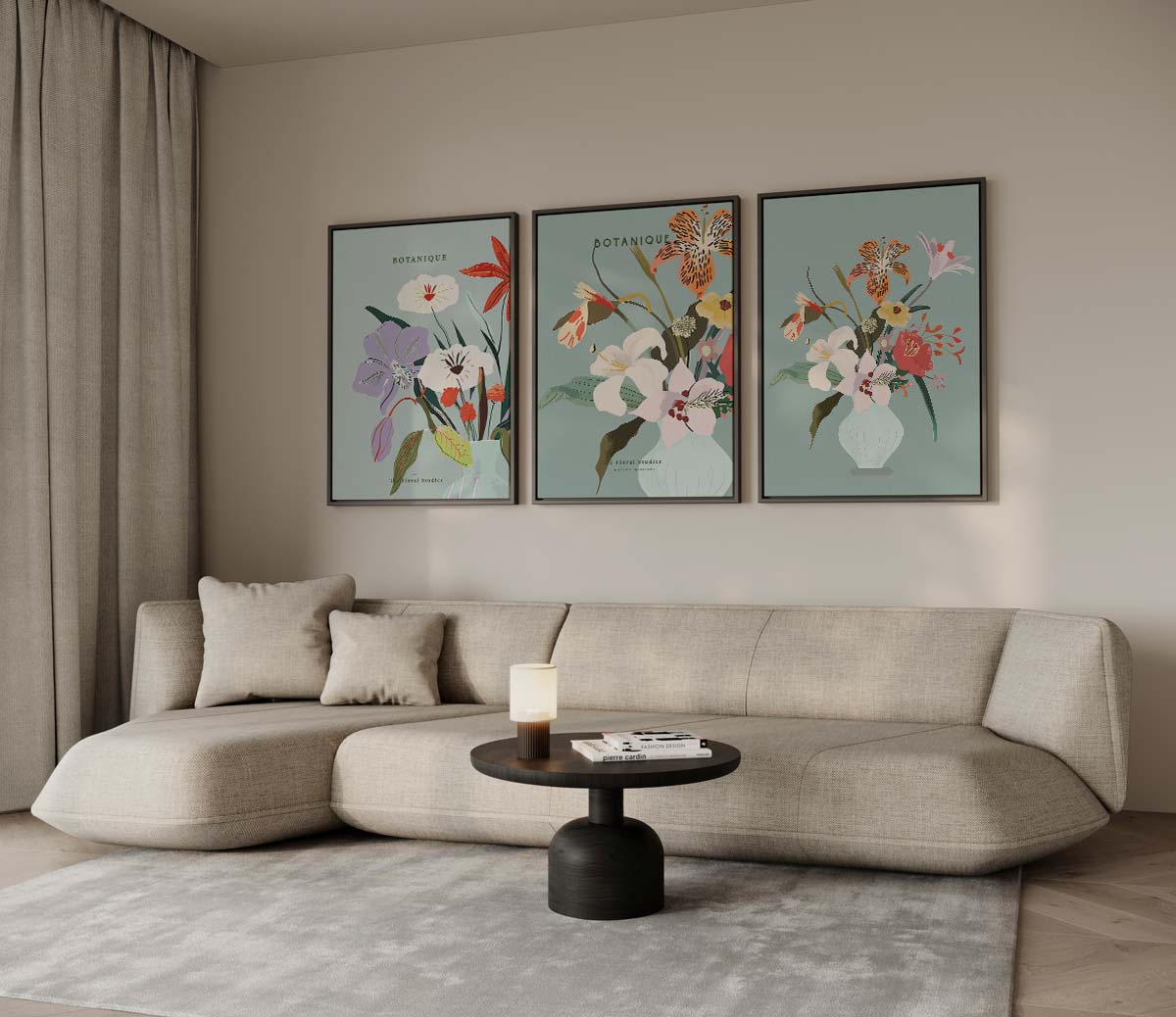 Botanische vazen met pastelbloemen – drieluik voor modern interieur