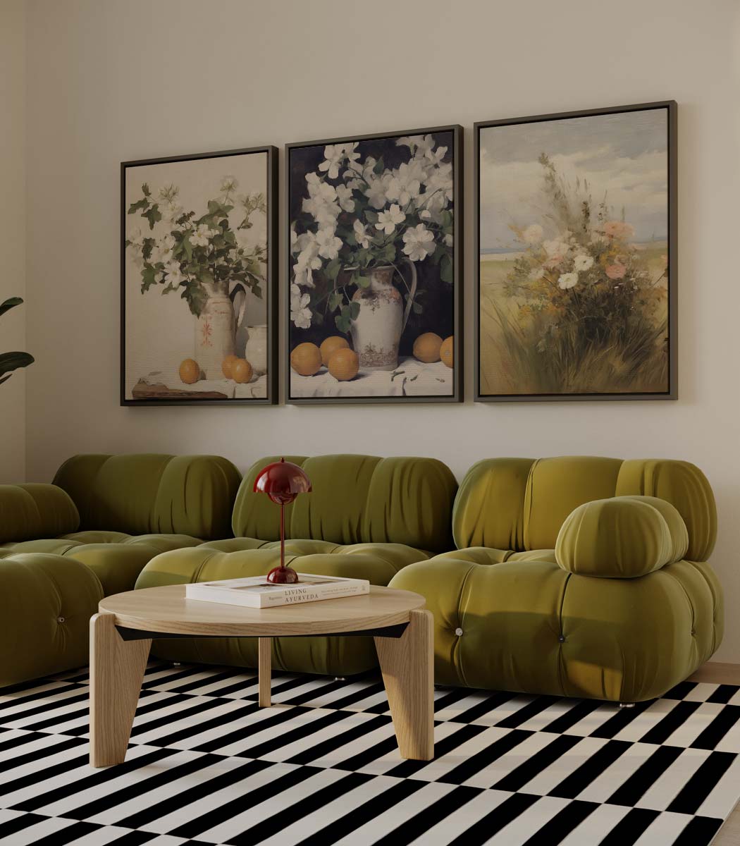 Stillevens met citrus en veldbloemen – drieluik voor modern interieur
