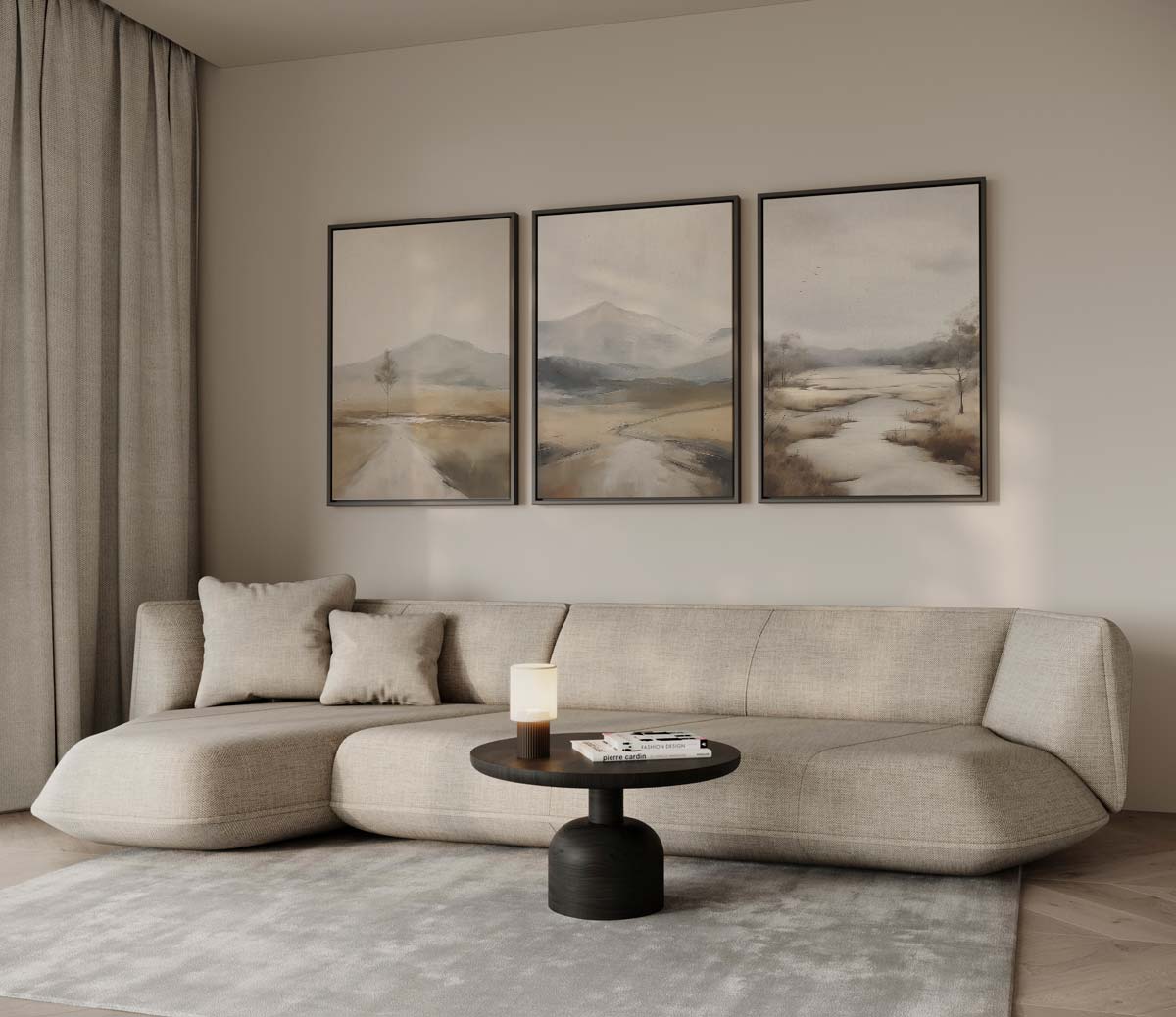 Zandpaden en bergen – drieluik voor modern interieur