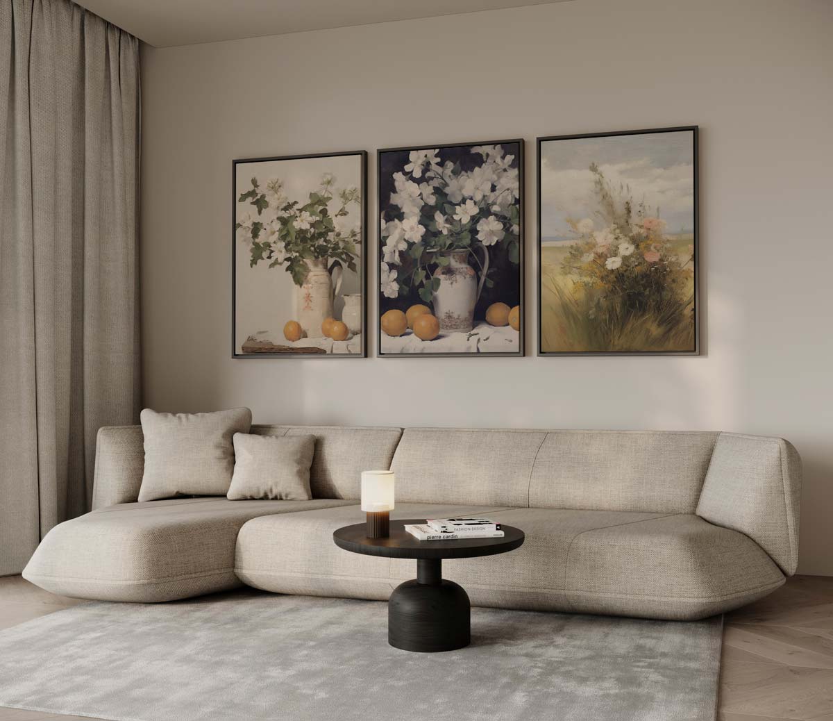 Stillevens met citrus en veldbloemen – drieluik als wanddecoratie