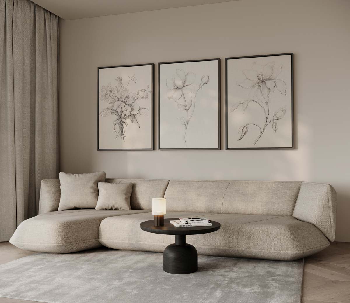 Zachte bloemschetsen – drieluik voor modern interieur