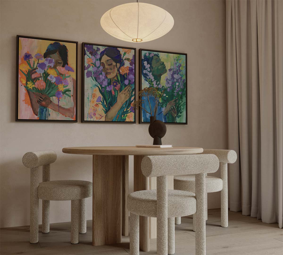 Vrouwen met bloemen in expressieve stijl – canvas drieluik in portret formaat