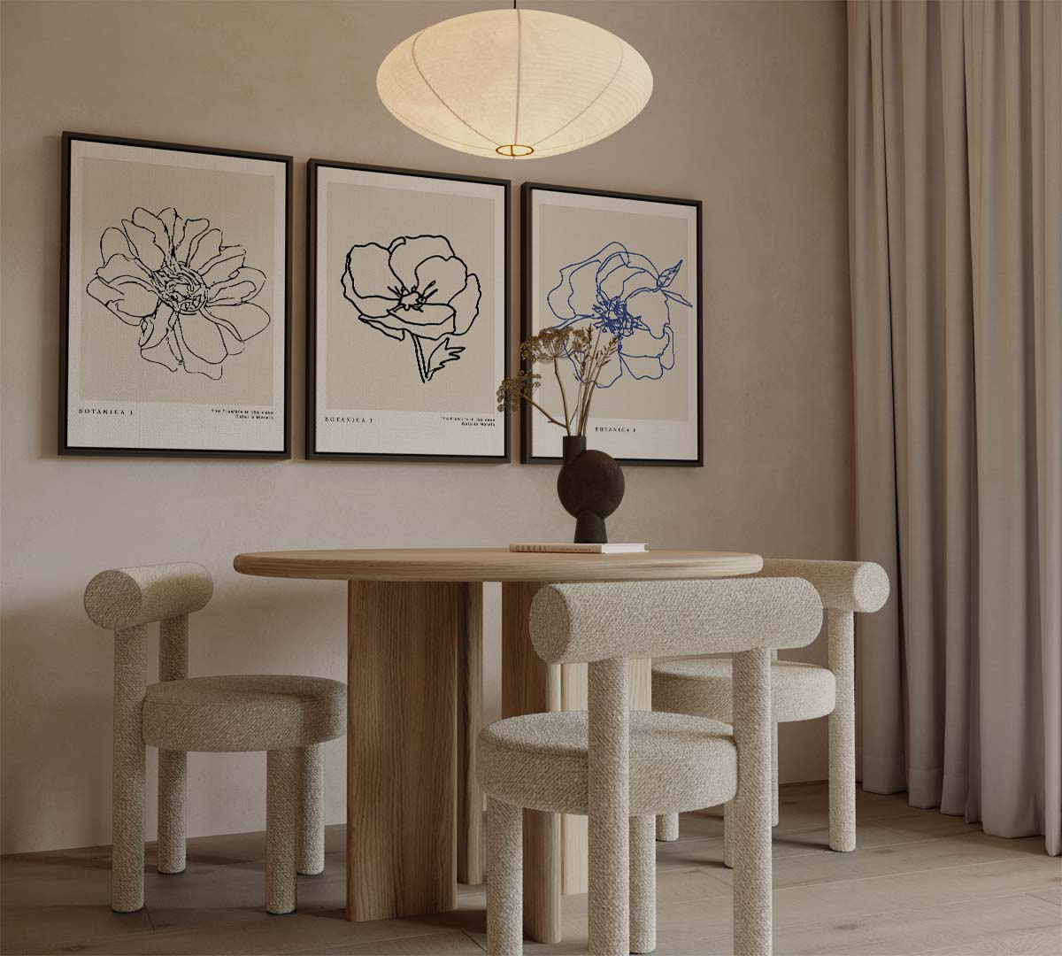 Botanische lijntekeningen in blauw – canvas drieluik in portret formaat