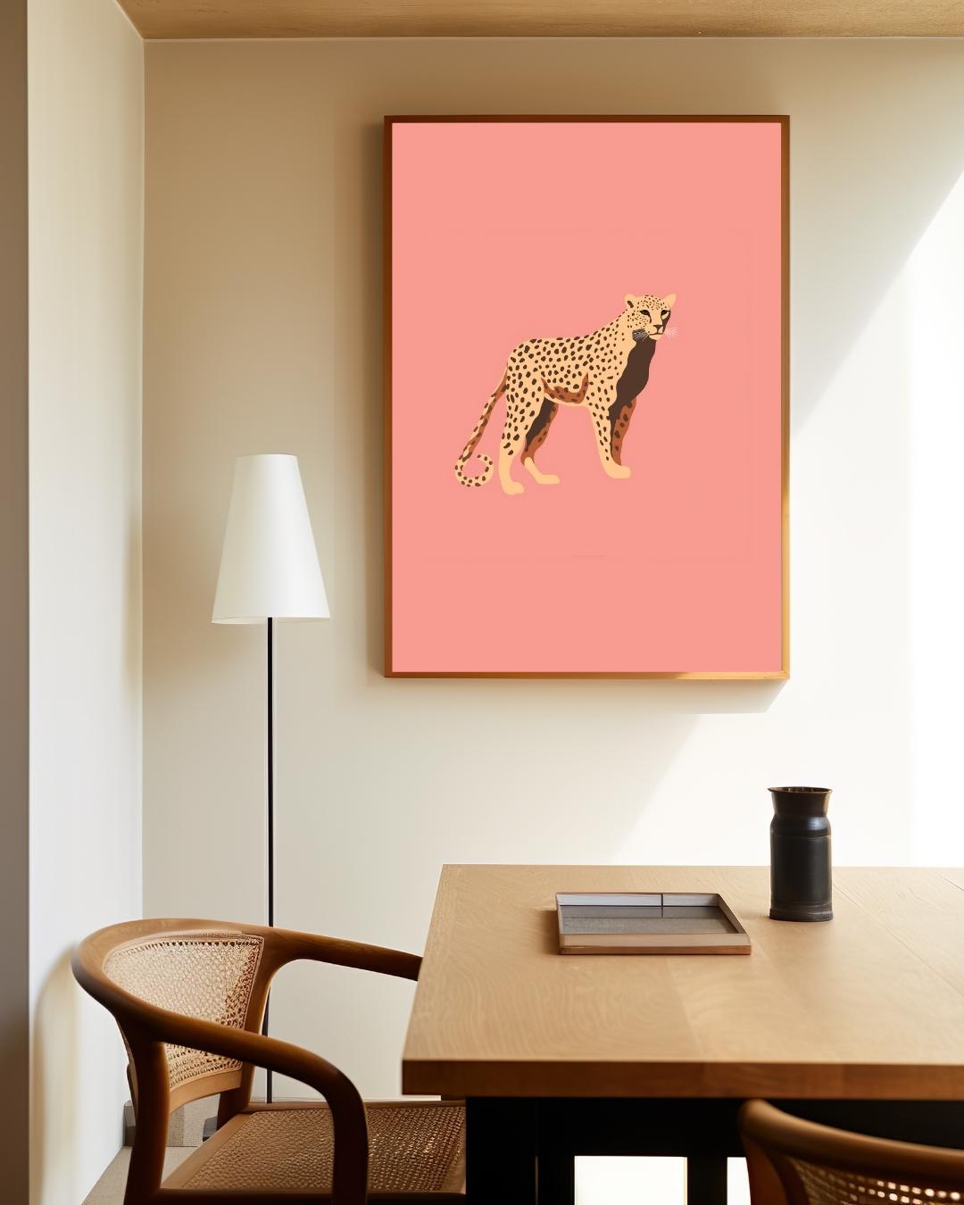 Luipaard op roze achtergrond Poster – staande poster voor modern interieur