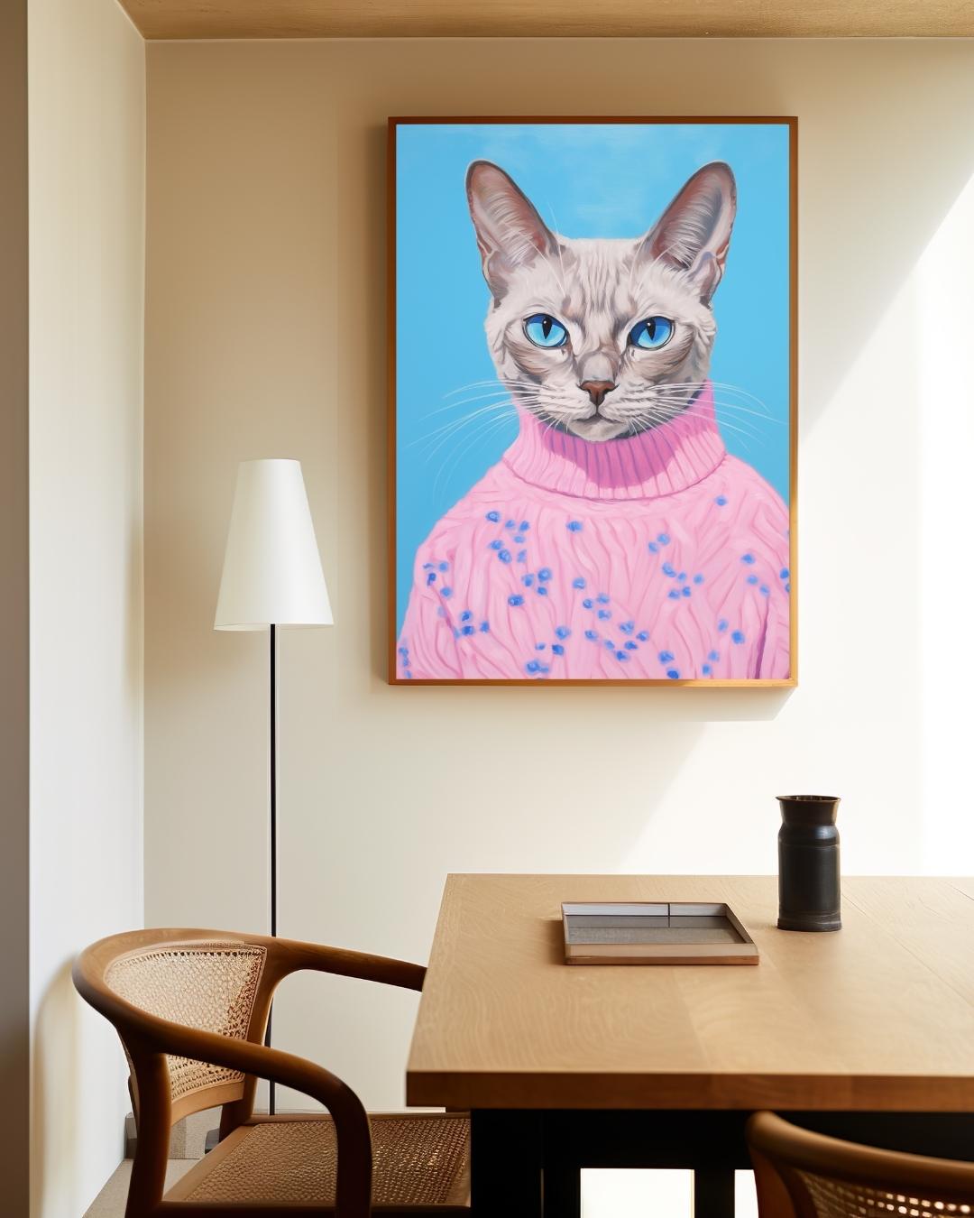 Stijlvolle kat in roze trui Poster – staande poster voor modern interieur