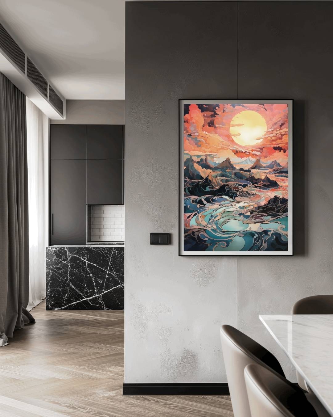 Abstracte zonsondergang aan zee Poster – staande poster voor modern interieur