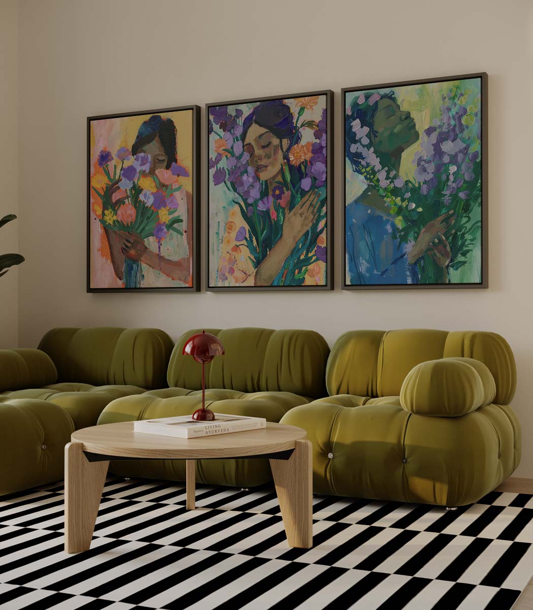 Vrouwen met bloemen in expressieve stijl – drieluik als wanddecoratie