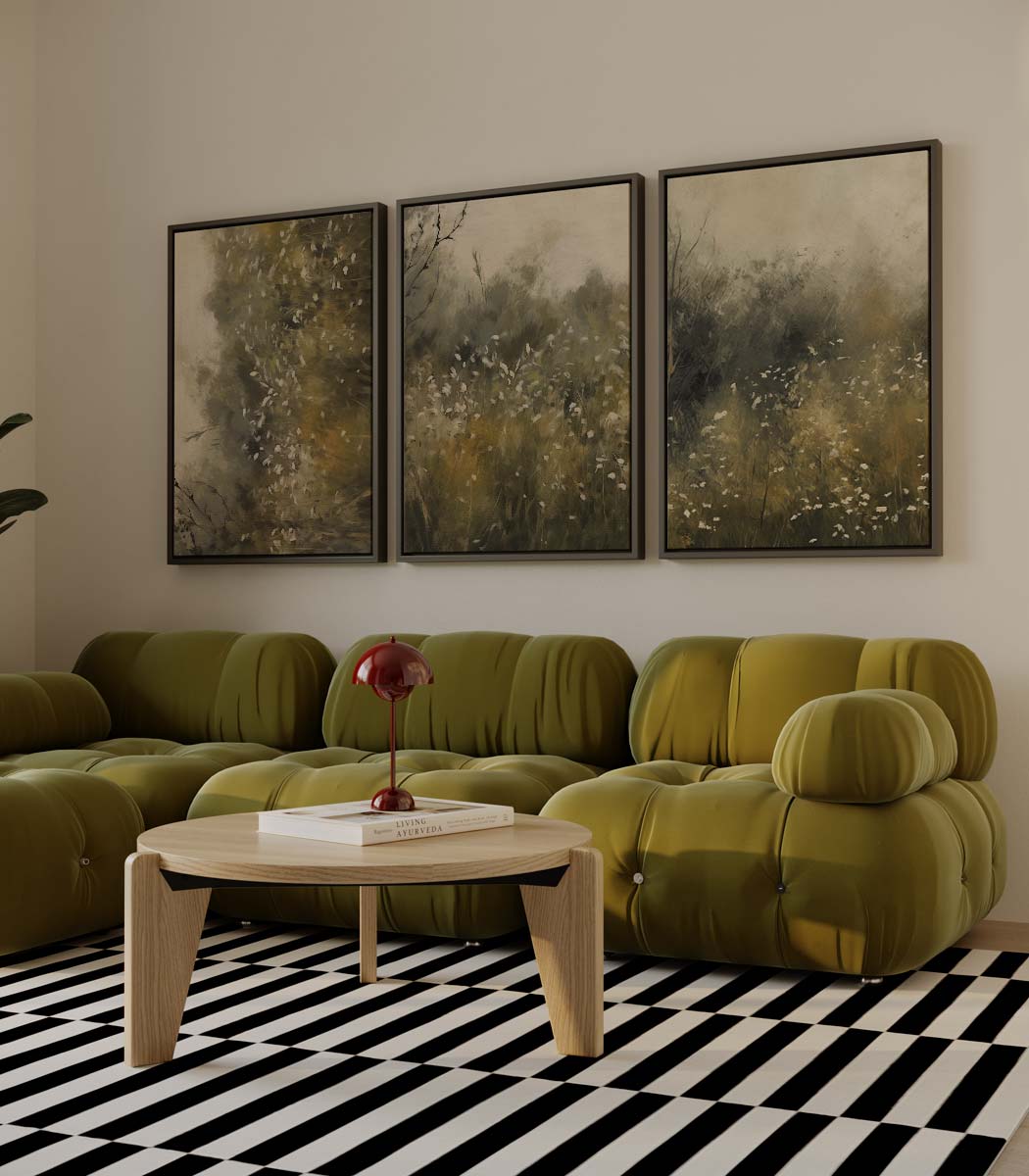 Wilde tuin in de schemering – drieluik als wanddecoratie