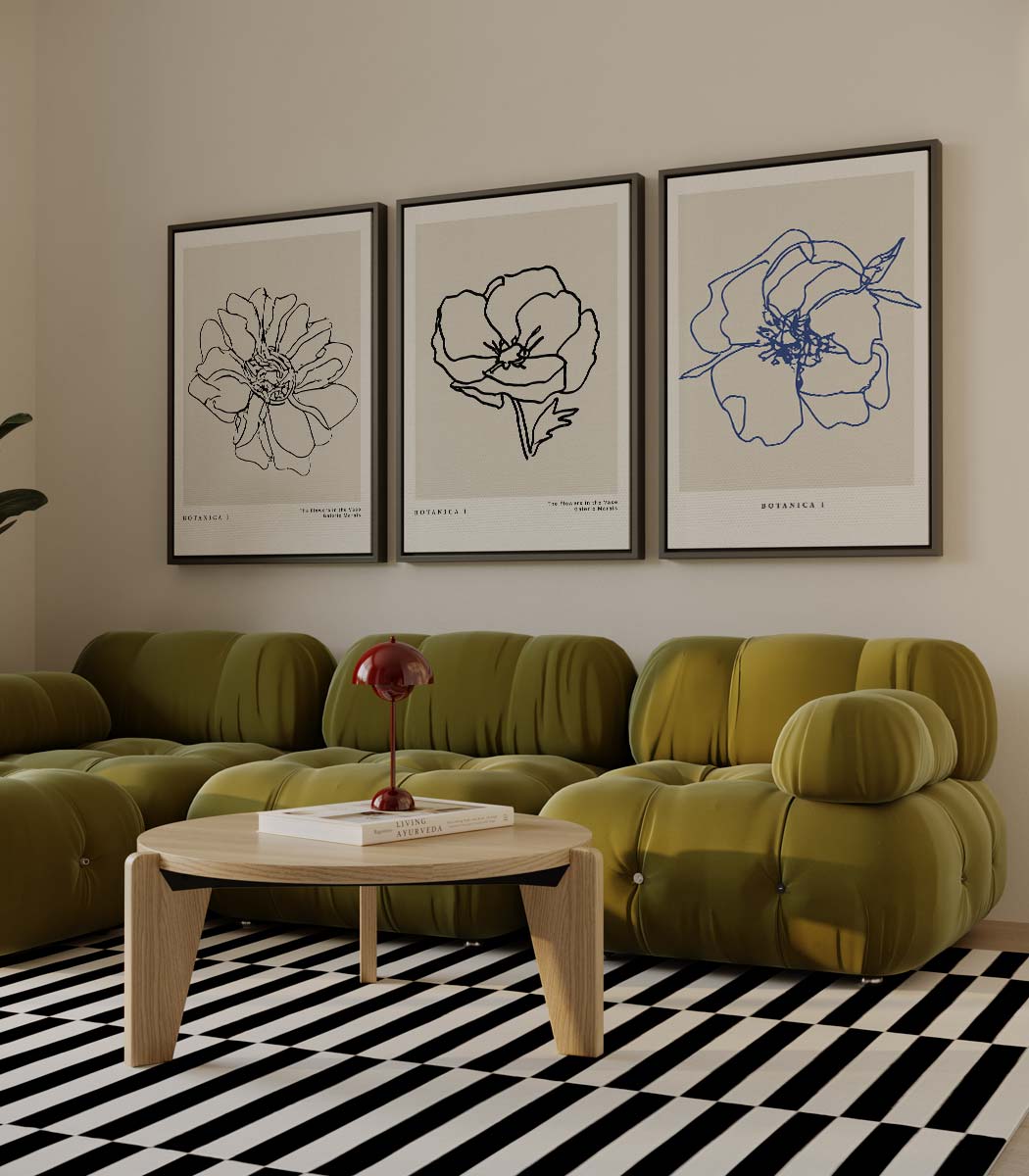 Botanische lijntekeningen in blauw – drieluik als wanddecoratie
