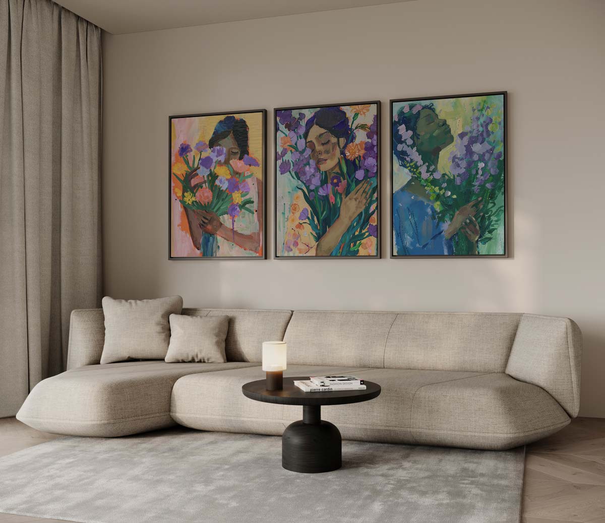 Vrouwen met bloemen in expressieve stijl – drieluik voor modern interieur