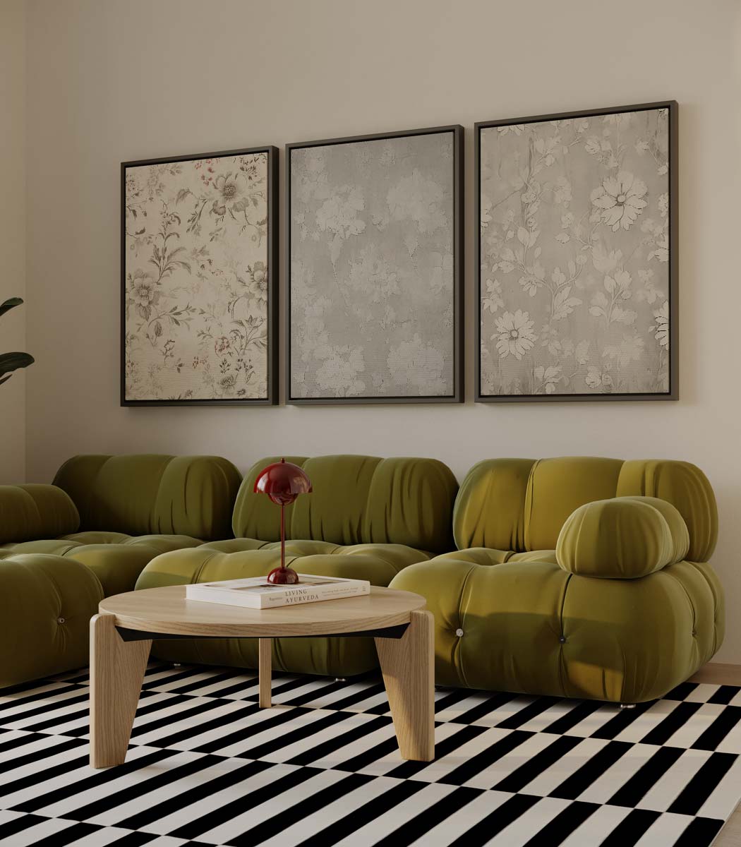 Verweerde bloemenprints – drieluik als wanddecoratie