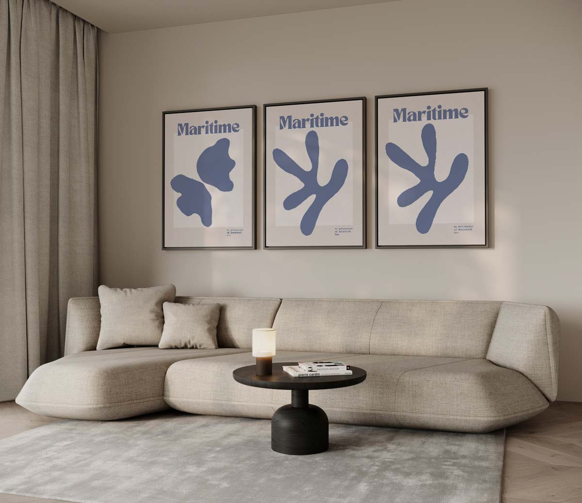 Maritime vormen in blauw – drieluik voor modern interieur