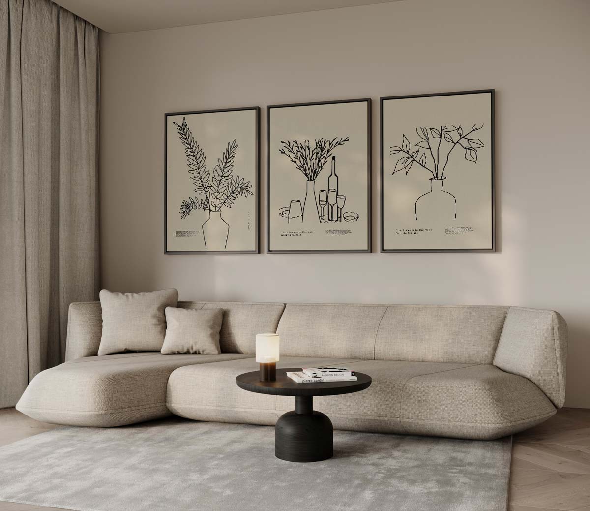 Botanische lijnkunst in vaas – drieluik voor modern interieur
