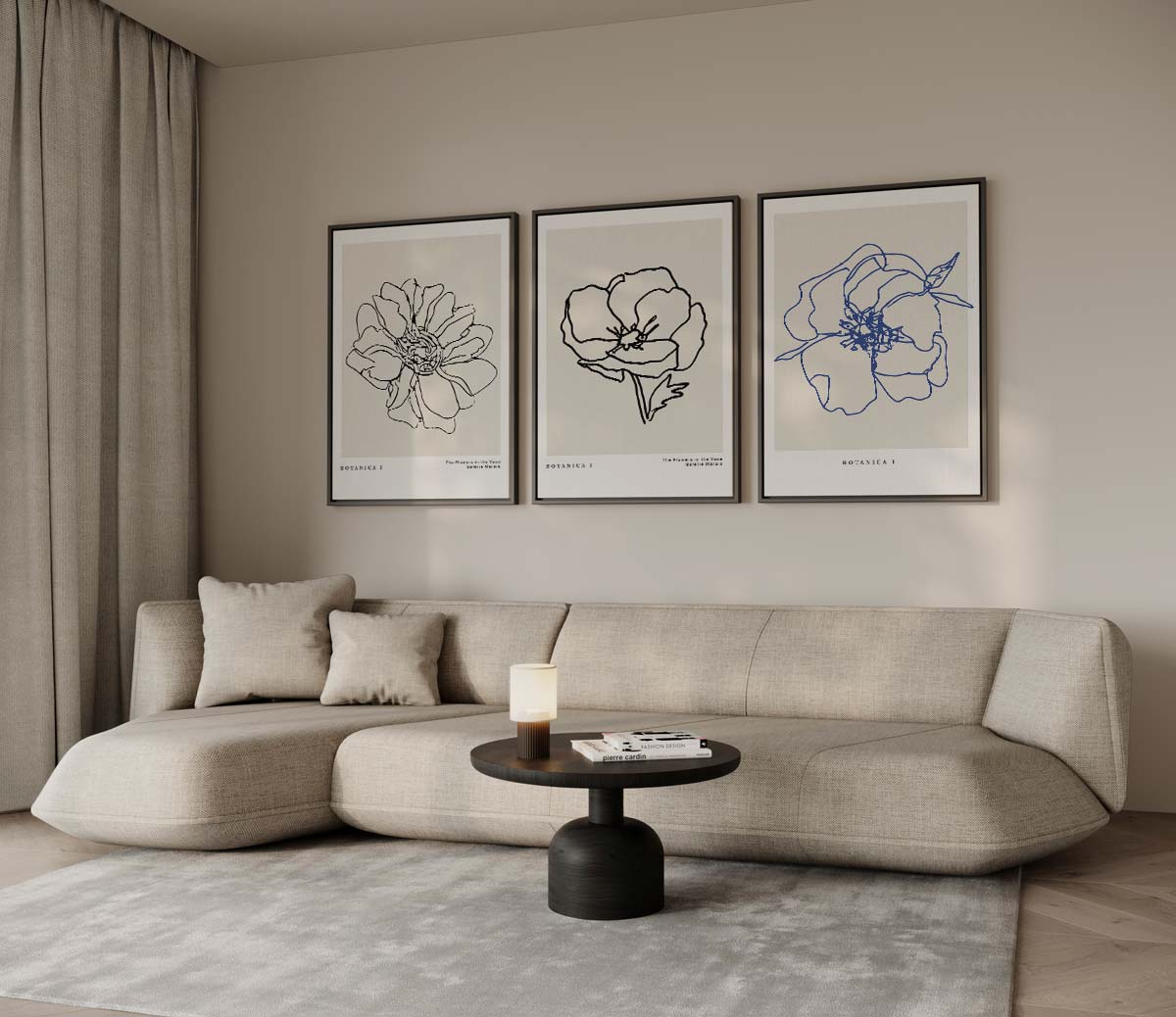 Botanische lijntekeningen in blauw – drieluik voor modern interieur