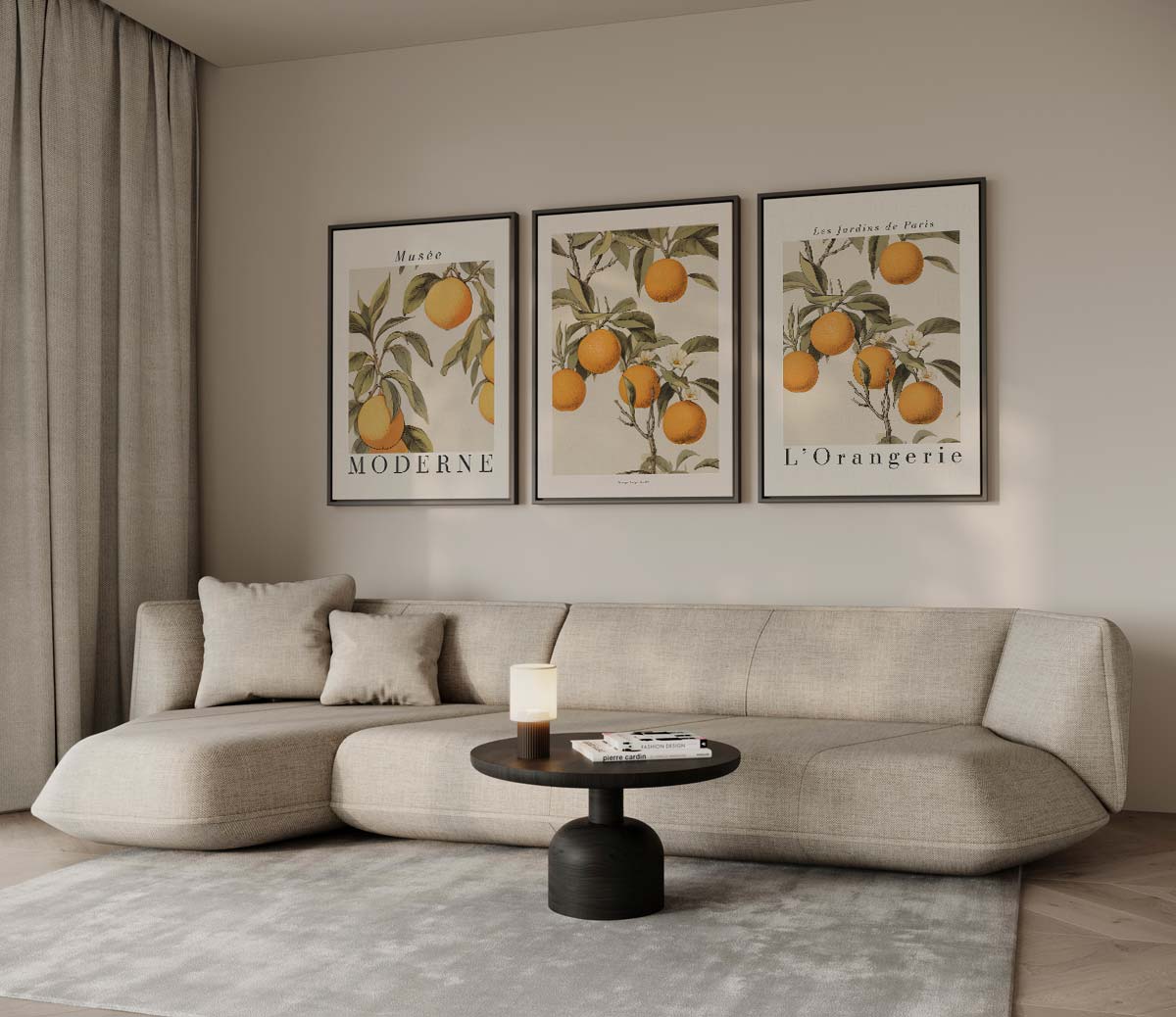 Sinaasappelboom illustraties – drieluik voor modern interieur
