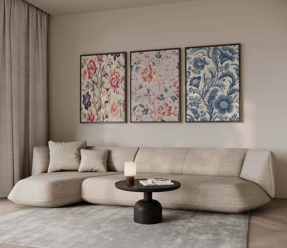 Kleurrijke bloemenmix met blauw accent – drieluik voor modern interieur