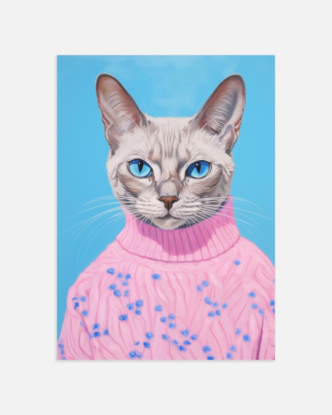 Stijlvolle kat in roze trui Poster – portret wanddecoratie van WallArtistic