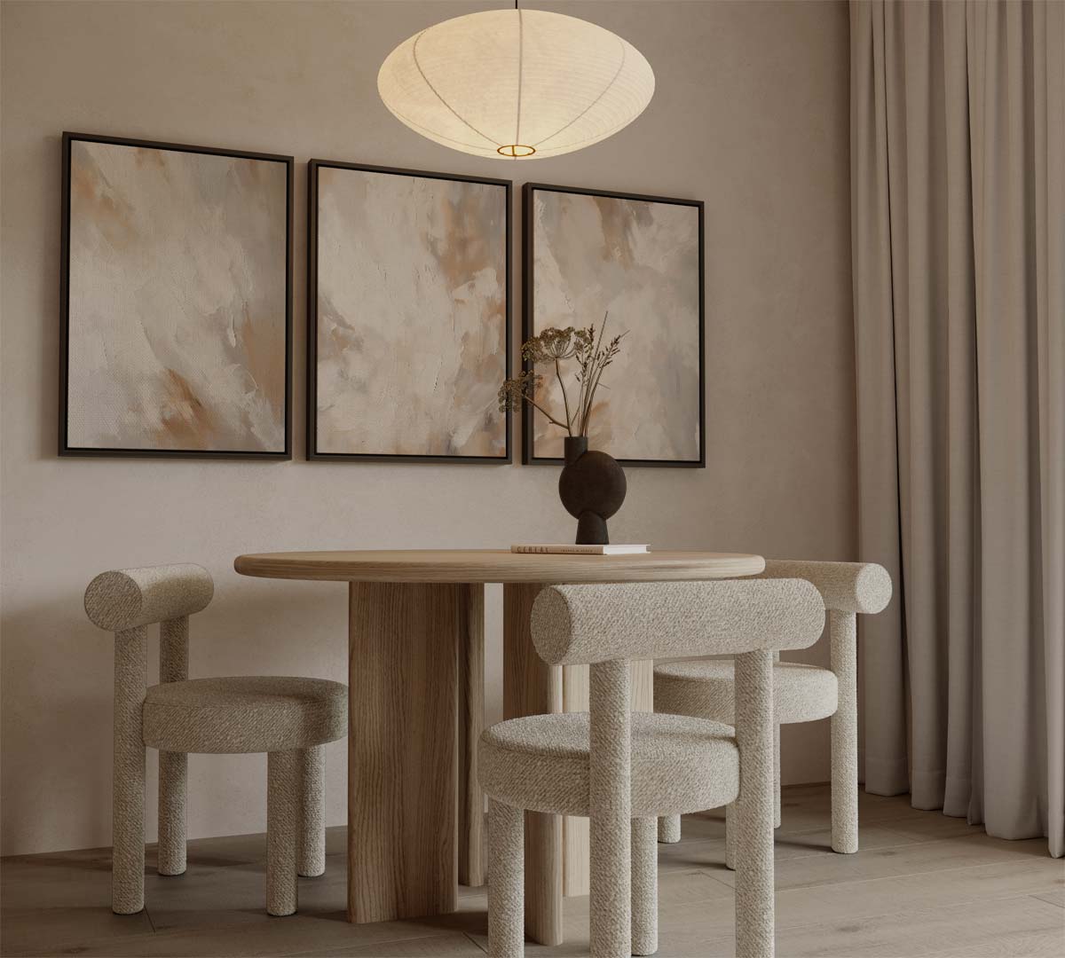 Beige wolkenpalet – drieluik als wanddecoratie