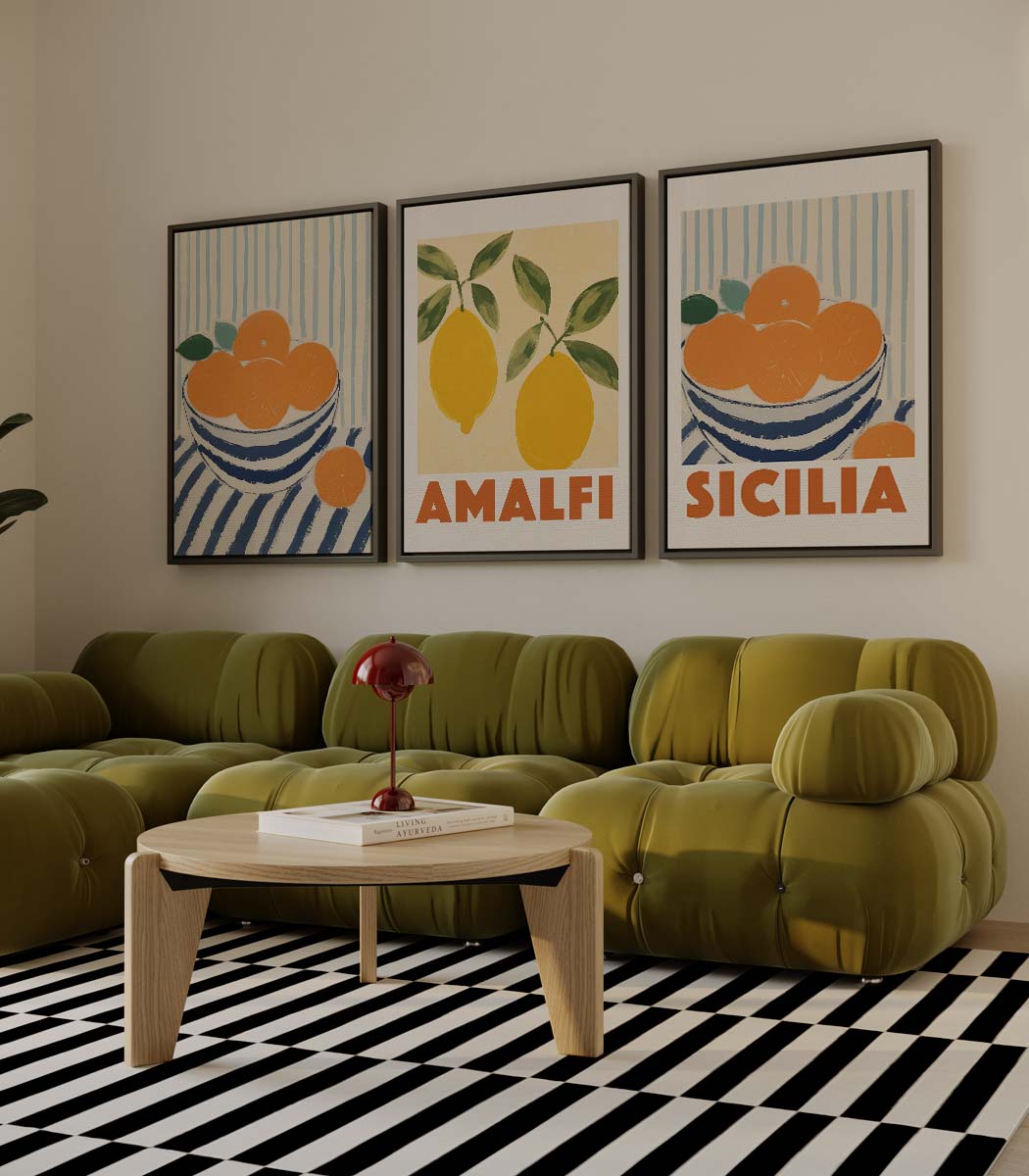 Mediterrane fruitschaal met citrusthema – drieluik als wanddecoratie