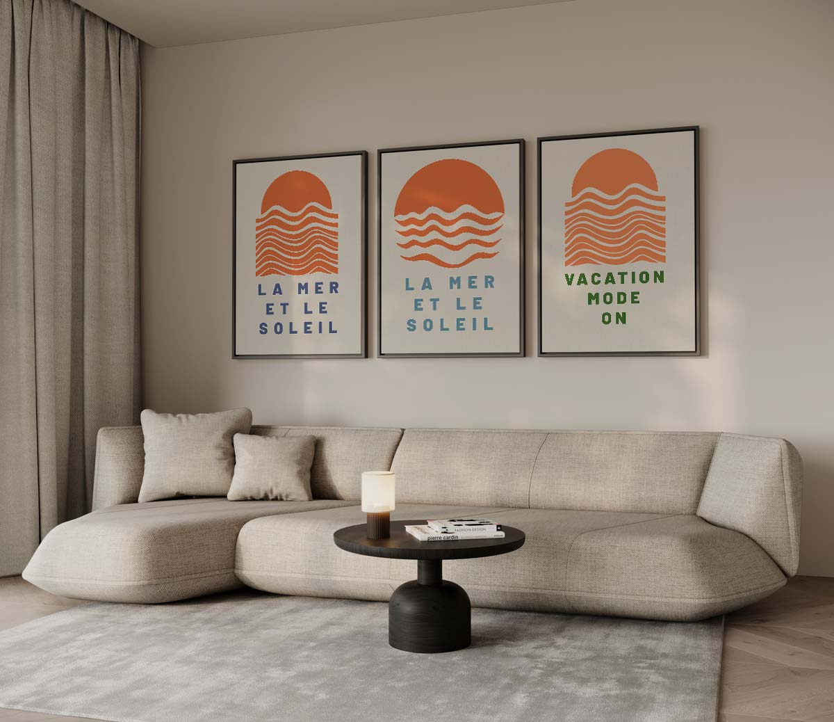 Zon en zee in grafisch patroon – drieluik voor modern interieur