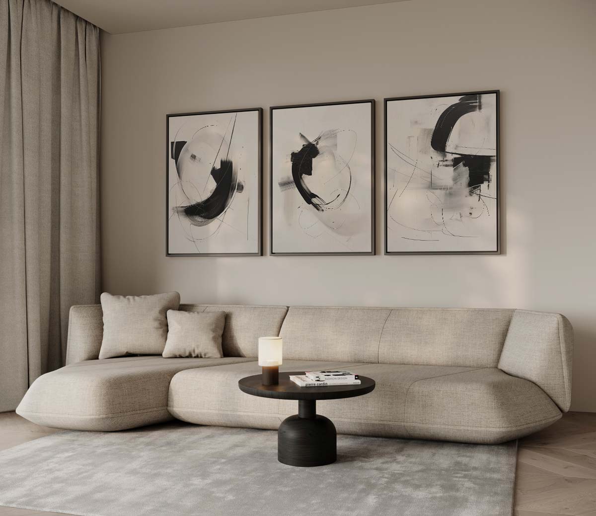 Zwart-witte penseelstreken I – drieluik voor modern interieur