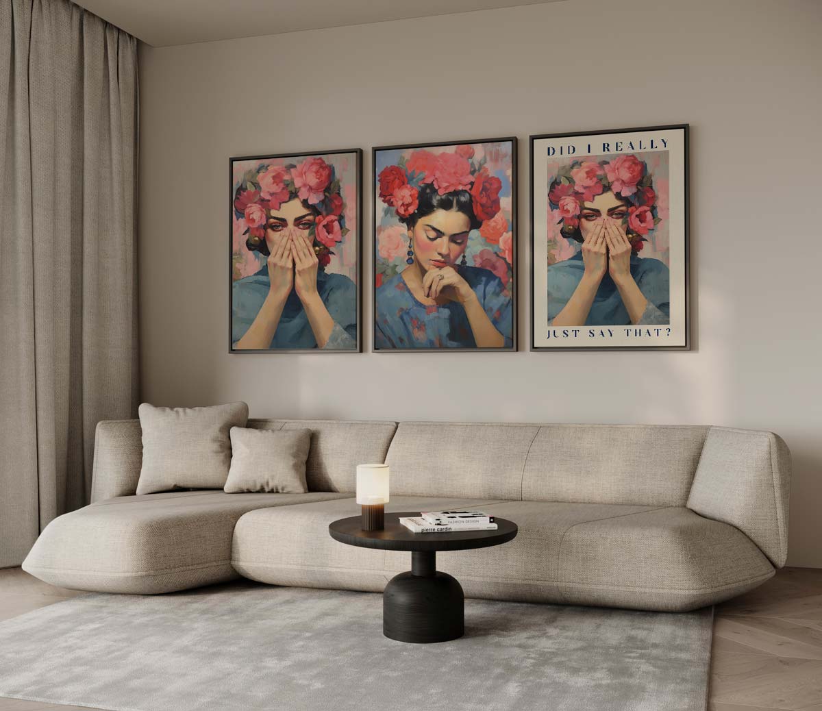 Vrouw met bloemenkroon, tekst 'DID I REALLY JUST SAY THAT?' – drieluik voor modern interieur