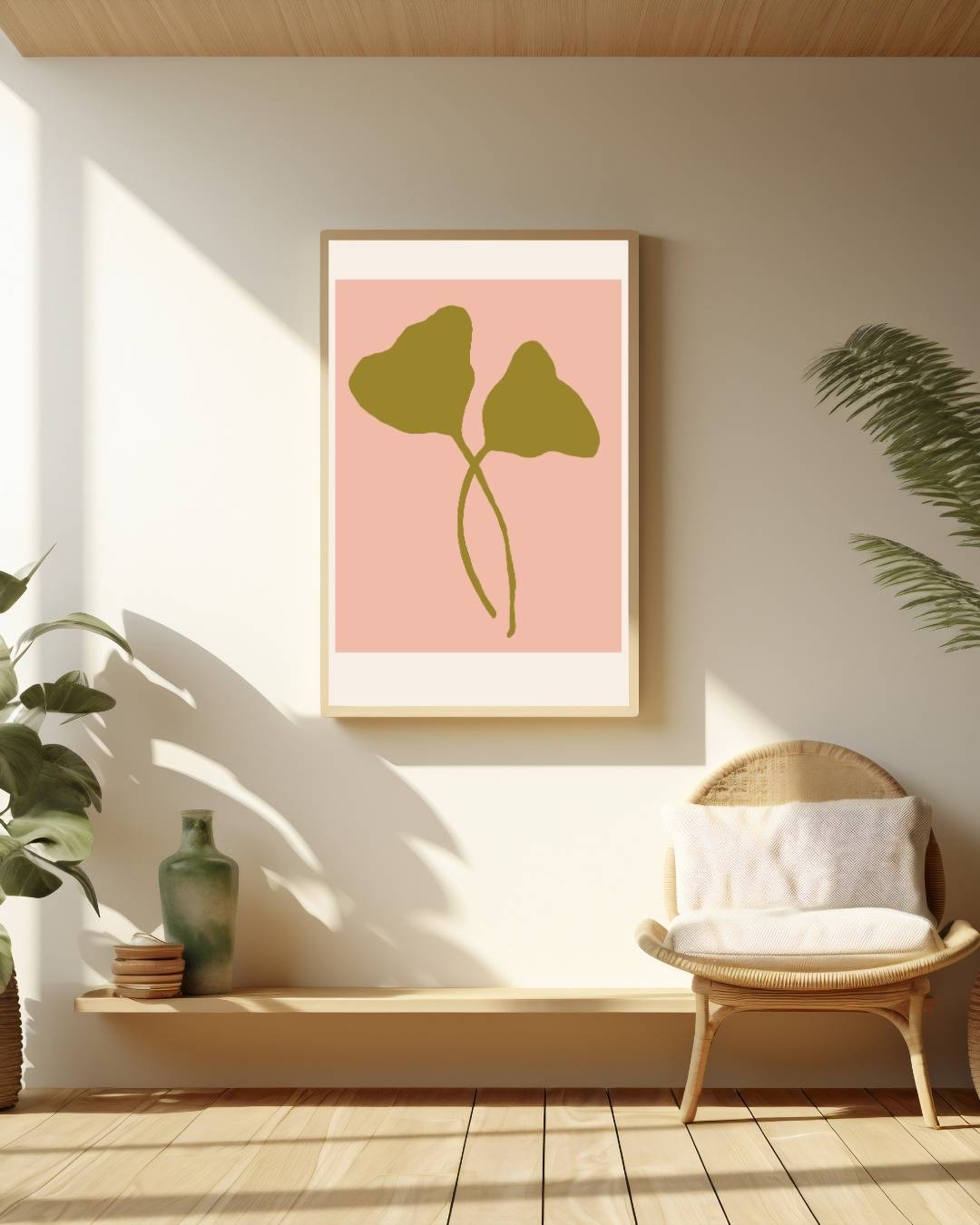 Groen blad op zachte roze achtergrond Poster – staande poster voor modern interieur