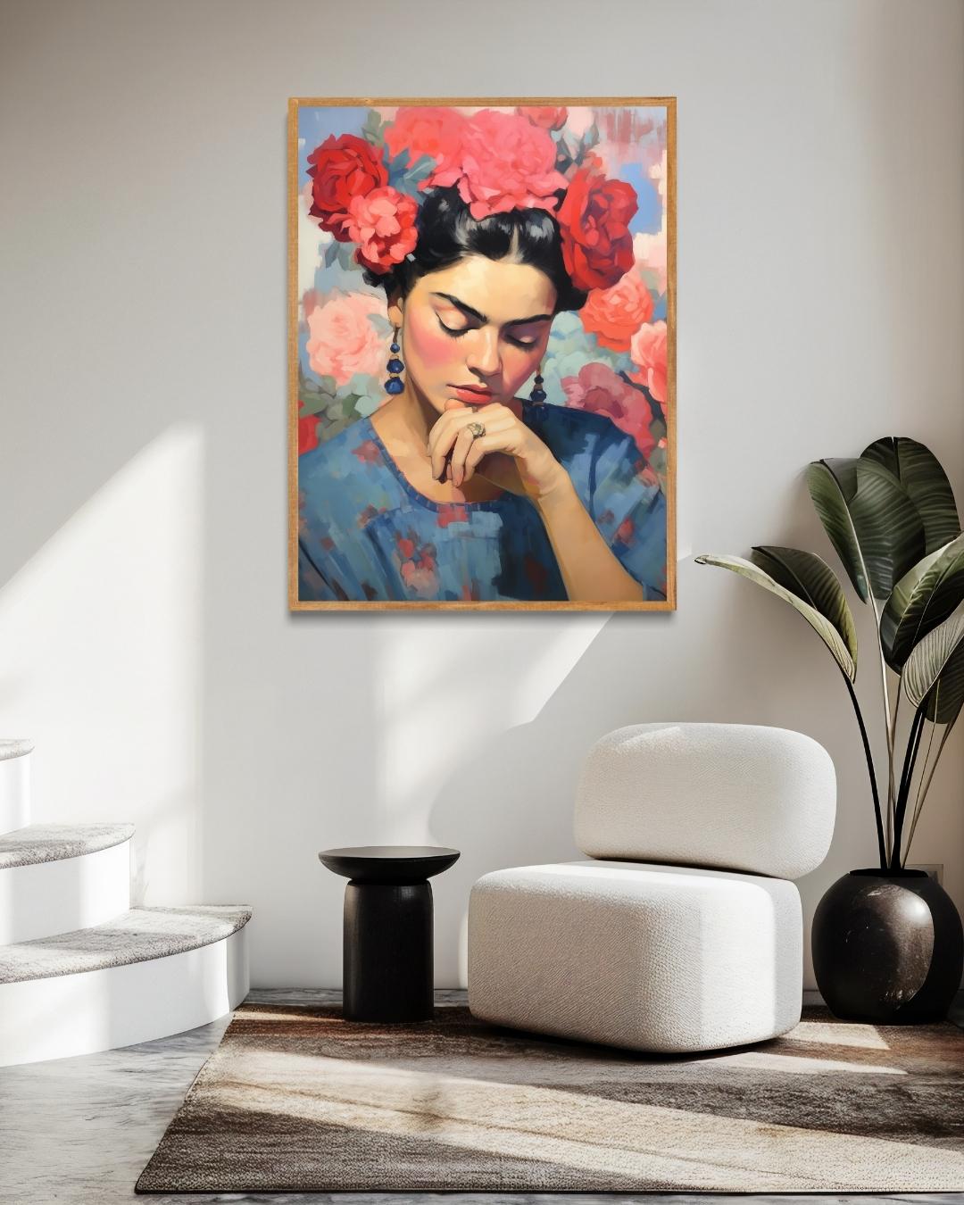 Dromerige vrouw met bloemenkroon Poster – staande poster voor modern interieur