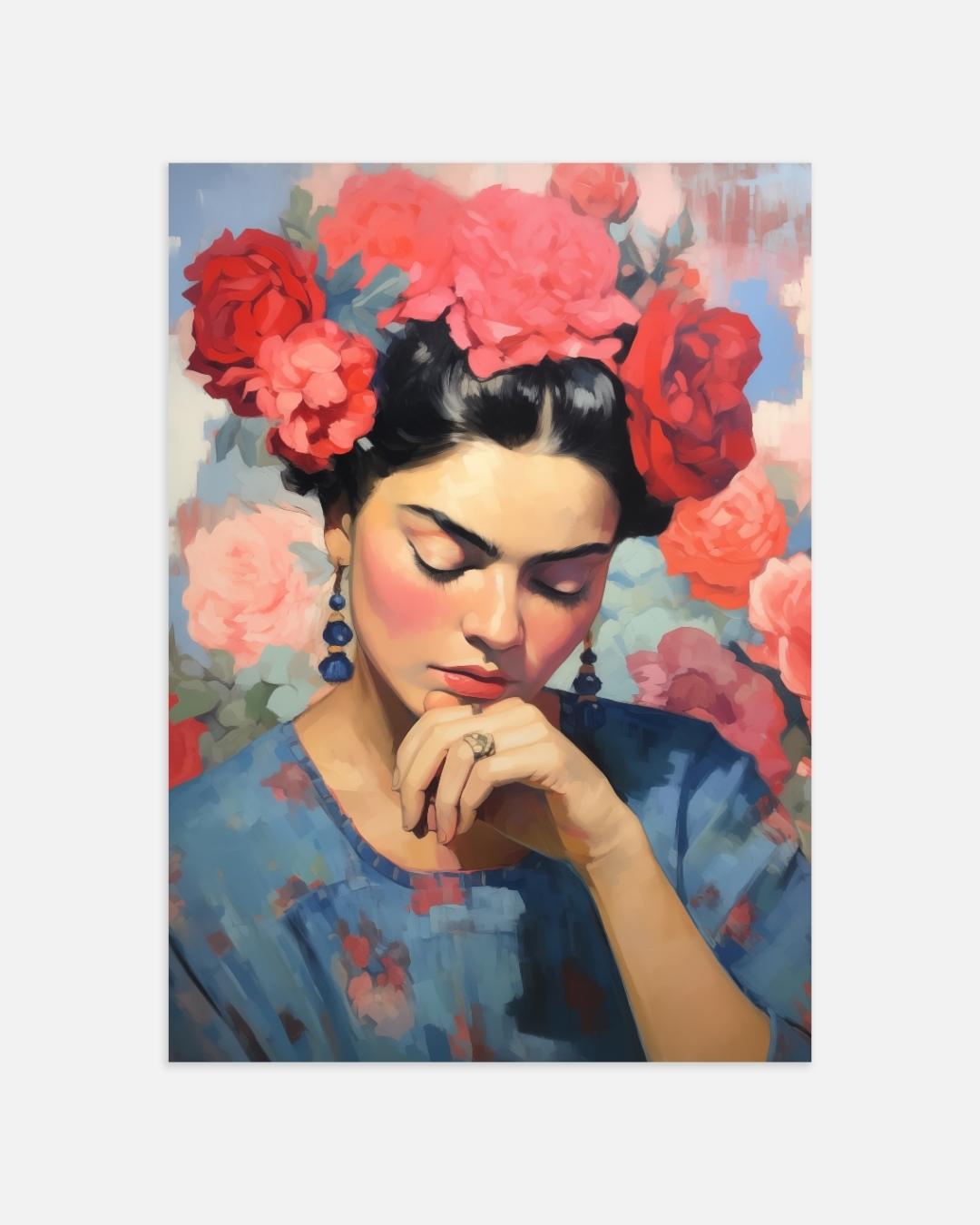 Dromerige vrouw met bloemenkroon Poster – portret wanddecoratie van WallArtistic