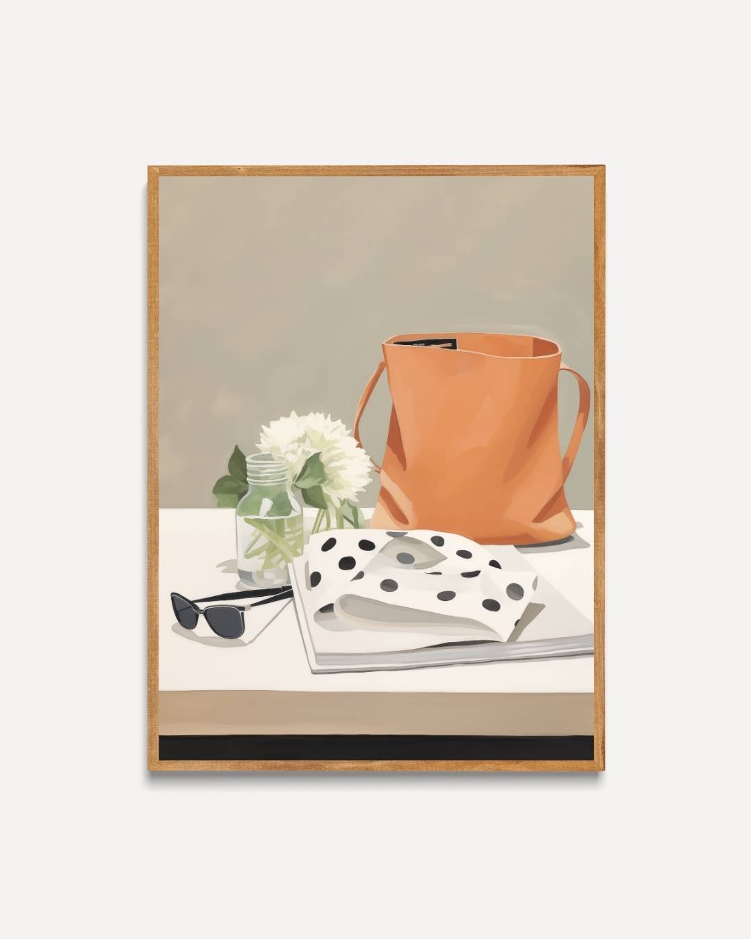 Oranje tas en zonnebril Poster – portret poster als wanddecoratie