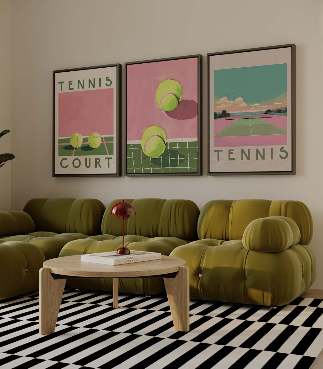 Tennis in retro pop-artstijl – drieluik als wanddecoratie