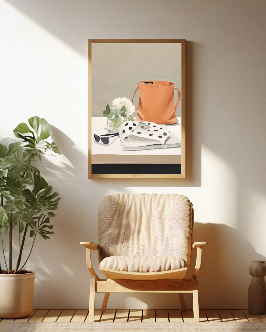Oranje tas en zonnebril Poster – staande poster voor modern interieur
